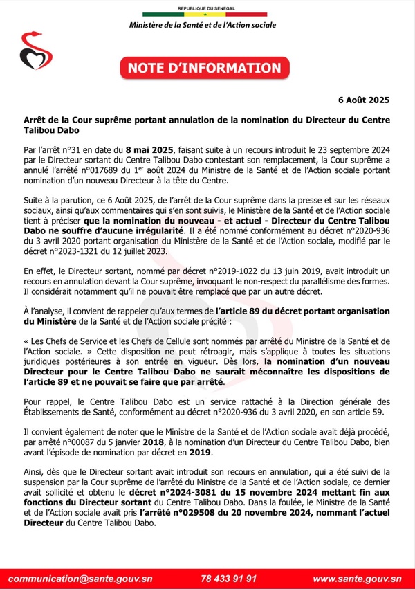 Note d’information : Arrêt de la Cour suprême portant annulation de la nomination du Directeur du Centre Talibou Dabo.
