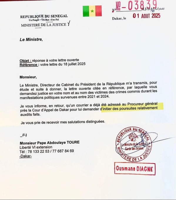 Crimes commis durant les manifestations politiques de 2021-2023 : La lettre réponse, reçue par Papa Abdoulaye Touré Crimes commis durant les manifestations politiques de 2021-2023 : La lettre réponse, reçue par Papa Abdoulaye Touré