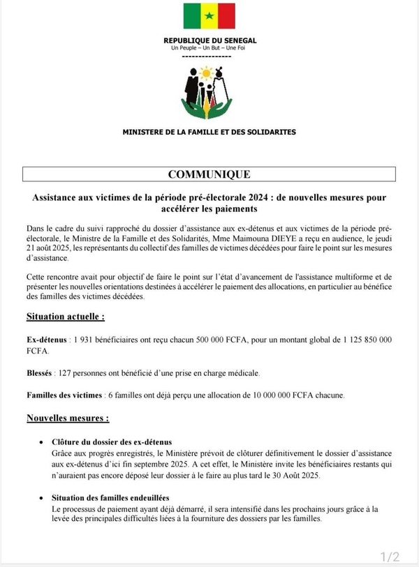 Indemnisation des victimes de la période pré-électorale : Le Ministère de la Famille accélère le processus Indemnisation des victimes de la période pré-électorale : Le Ministère de la Famille accélère le processus