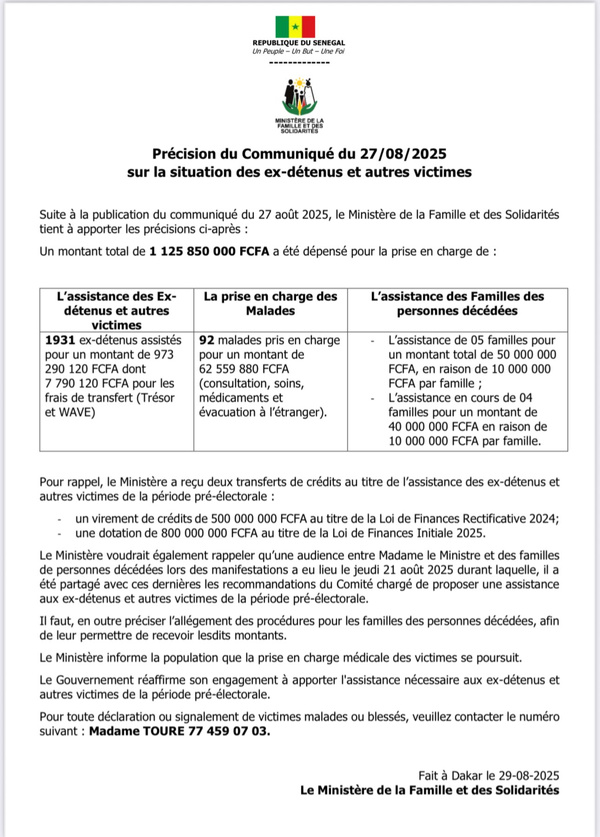 Paiement aux familles des victimes : le ministère détaille la répartition et les frais de transfert