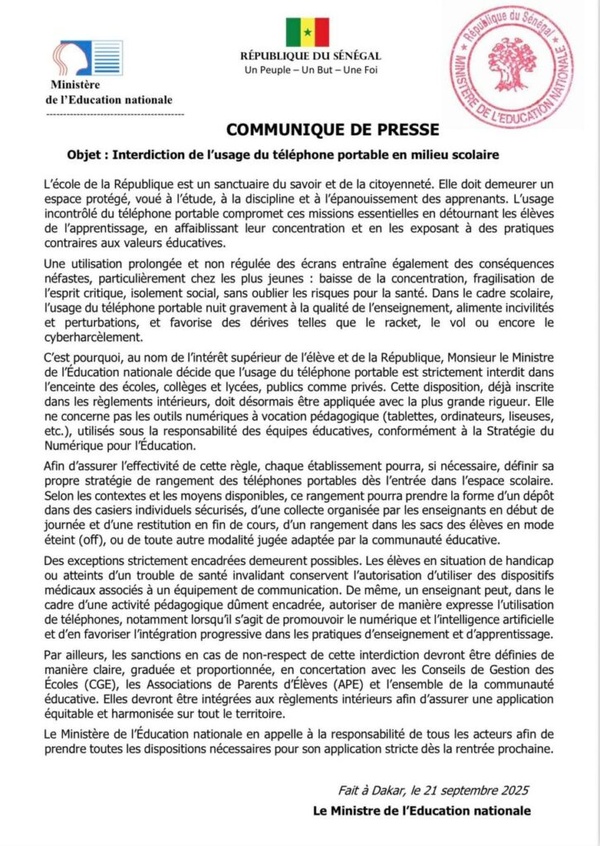 Sénégal : les téléphones portables bannis des écoles dès la prochaine rentrée