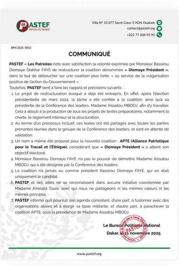 PASTEF clarifie la restructuration de la coalition et réaffirme la légitimité d’Aïssatou Mbodj PASTEF clarifie la restructuration de la coalition et réaffirme la légitimité d’Aïssatou Mbodj