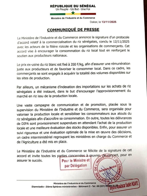 Le gouvernement renforce la commercialisation du riz sénégalais et soutient les producteurs locaux. Le gouvernement renforce la commercialisation du riz sénégalais et soutient les producteurs locaux.