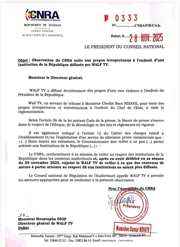 CNRA met en demeure WALF TV pour propos jugés irrespectueux envers le Président CNRA met en demeure WALF TV pour propos jugés irrespectueux envers le Président