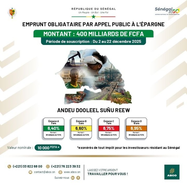 Le Sénégal émet un nouvel emprunt obligataire de 400 milliards FCFA pour appuyer le Plan Sénégal 2050 Le Sénégal émet un nouvel emprunt obligataire de 400 milliards FCFA pour appuyer le Plan Sénégal 2050