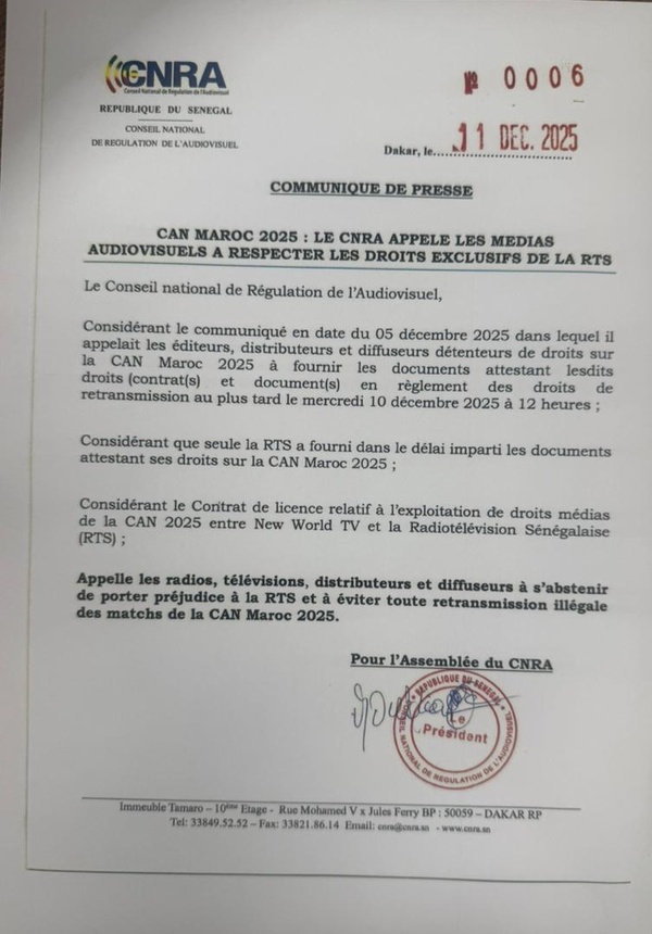 CNRA rappelle l’exclusivité de la RTS pour la retransmission de la CAN Maroc 2025 CNRA rappelle l’exclusivité de la RTS pour la retransmission de la CAN Maroc 2025