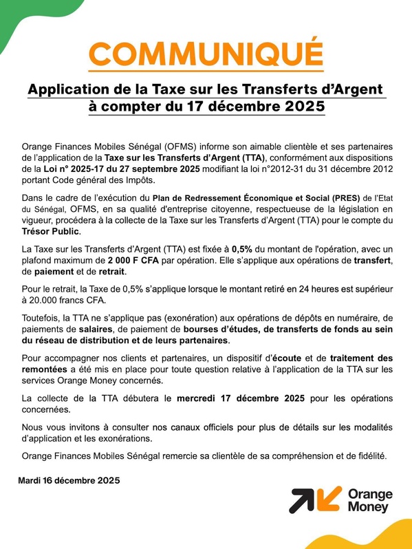 Communiqué : Application de la Taxe sur les Transferts d’Argent à compter du 17 décembre 2025 Communiqué : Application de la Taxe sur les Transferts d’Argent à compter du 17 décembre 2025