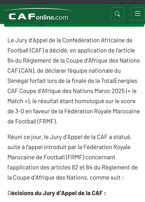 CAN 2025 : le jury d’appel de la CAF annule la victoire du Sénégal et sacre le Maroc (3-0)