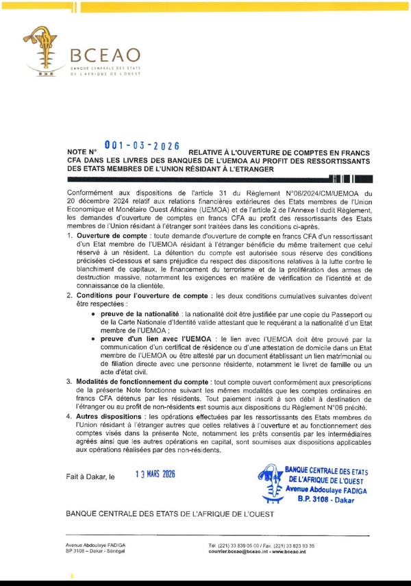 Finance : La BCEAO ouvre les comptes en CFA à la diaspora, un tournant stratégique Finance : La BCEAO ouvre les comptes en CFA à la diaspora, un tournant stratégique