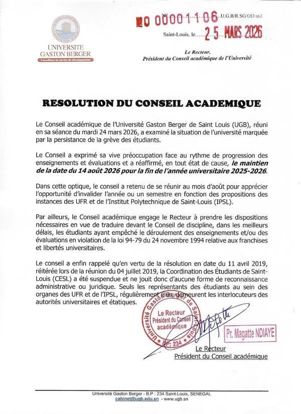 Crise universitaire à l’UGB : maintien du calendrier et menace d’invalidation de l’année