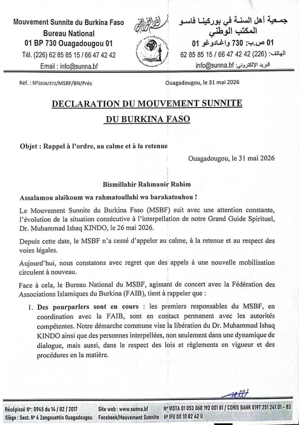 Interpellation du Dr Kindo : Le Mouvement sunnite du Burkina Faso appelle au calme et interdit les manifestations non autorisées Interpellation du Dr Kindo : Le Mouvement sunnite du Burkina Faso appelle au calme et interdit les manifestations non autorisées