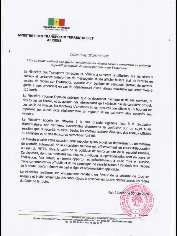 Sécurité routière au Sénégal: Le Ministère dément l’existence de nouveaux radars et de sanctions sur l’autoroute Sécurité routière au Sénégal: Le Ministère dément l’existence de nouveaux radars et de sanctions sur l’autoroute