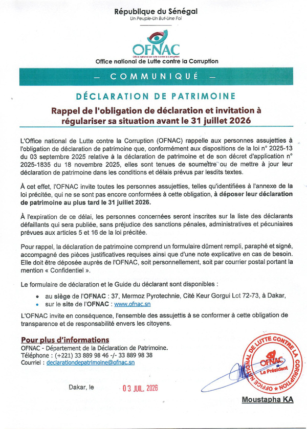 Transparence publique: L’OFNAC fixe un ultimatum au 31 juillet pour les déclarations de patrimoine Transparence publique: L’OFNAC fixe un ultimatum au 31 juillet pour les déclarations de patrimoine