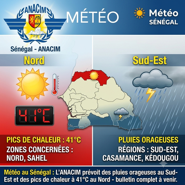 Météo au Sénégal : L'ANACIM prévoit des pluies orageuses au Sud-Est et des pics de chaleur à 41°C au Nord