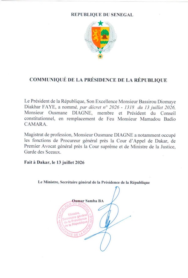 Bassirou Diomaye Faye a nommé Ousmane Diagne président du Conseil constitutionnel en remplacement de Mamadou Badio Camara, décédé