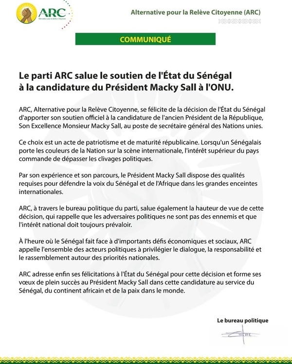 Candidature de Macky Sall à l’ONU: Le parti ARC salue le soutien de l'État du Sénégal