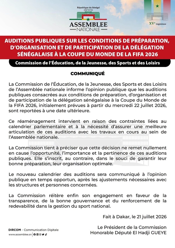 Assemblée nationale: Report des auditions publiques sur la participation du Sénégal à la Coupe du Monde 2026