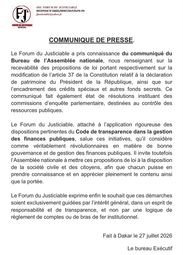 Transparence budgétaire et bonne gouvernance: Le Forum du Justiciable salue les initiatives de l’Assemblée nationale