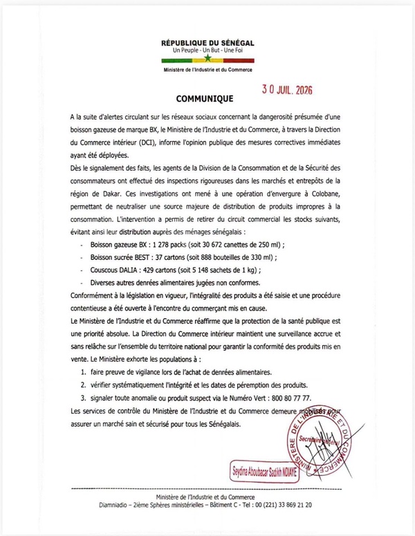 Dakar / Sécurité alimentaire : Saisie massive de boissons BX et de denrées impropres à la consommation