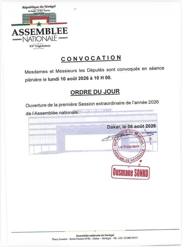 Assemblée nationale: Ousmane Sonko convoque les députés en session extraordinaire le 10 août 2026