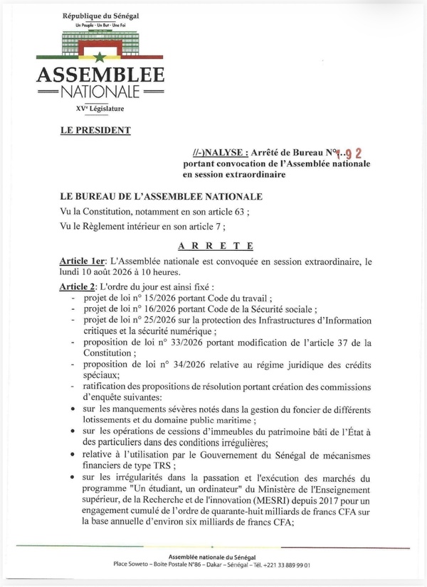 Assemblée nationale: Ousmane Sonko convoque les députés en session extraordinaire le 10 août 2026