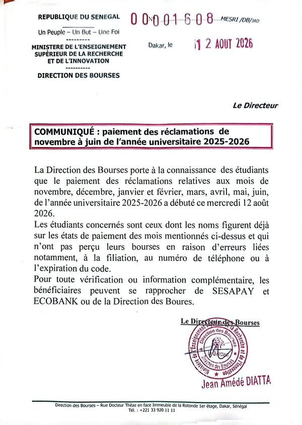 La Direction des Bourses lance le paiement des réclamations pour 8 mois de bourses universitaires