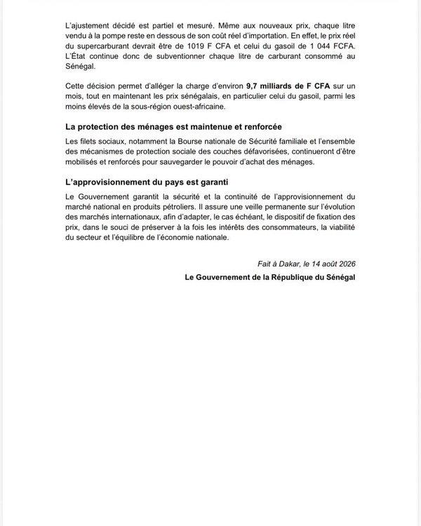 Hausse des prix du carburant à la pompe dès ce 15 août 2026 au Sénégal, l'Exécutif invoque la flambée des cours mondiaux