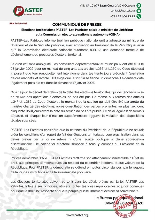 Élections territoriales : Pastef saisit le ministre de l'Intérieur et la CENA pour exiger le respect du calendrier électoral