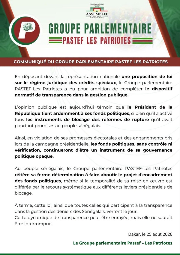 Fonds politiques : Pastef accuse le Président Diomaye Faye de « bloquer » la réforme sur les crédits spéciaux