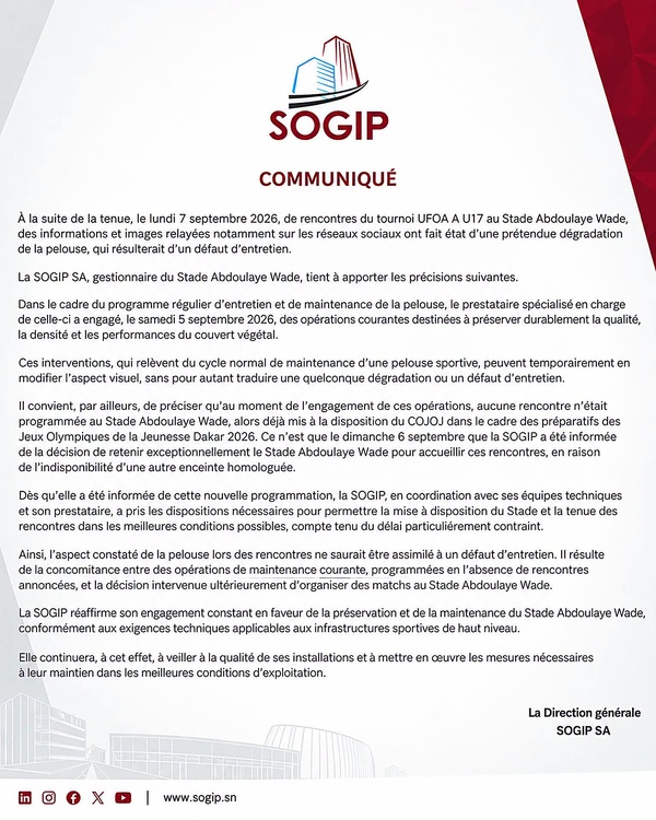 Stade Abdoulaye Wade : La SOGIP SA dément toute dégradation de la pelouse et précise le calendrier des travaux