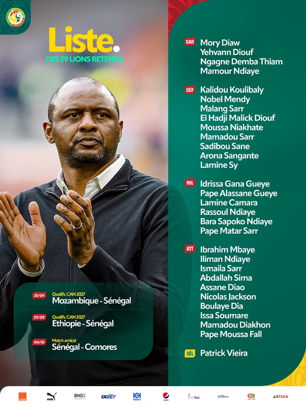 Équipe Nationale du Sénégal : Patrick Vieira dévoile sa liste de 29 « Lions » pour la campagne internationale de septembre-octobre
