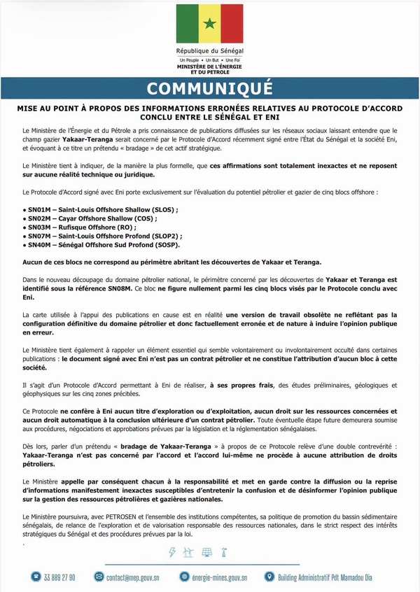 Secteur pétro-gazier : Le Ministère de l'Énergie dément catégoriquement toute cession du gisement Yakaar-Teranga à Eni