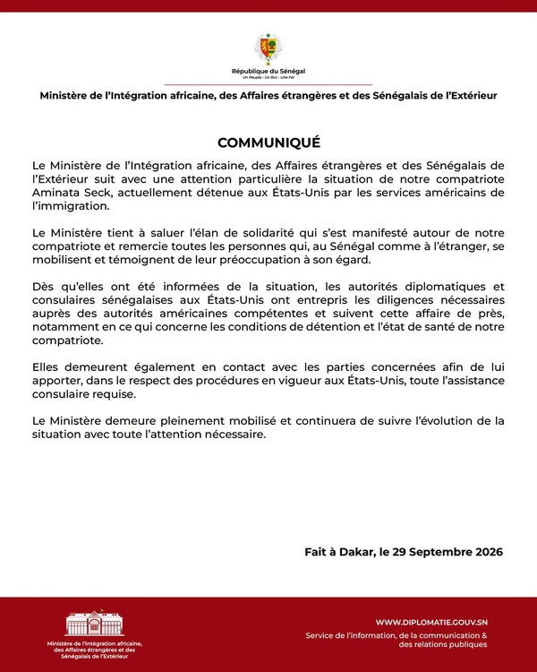 Aminata Seck détenue aux États-Unis : le Sénégal annonce un suivi consulaire Aminata Seck détenue aux États-Unis : le Sénégal annonce un suivi consulaire