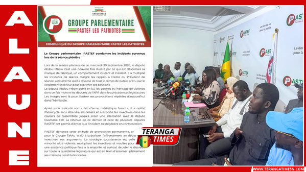 Le Groupe PASTEF-Les Patriotes condamne les provocations lors de la séance plénière du 30 septembre 2026