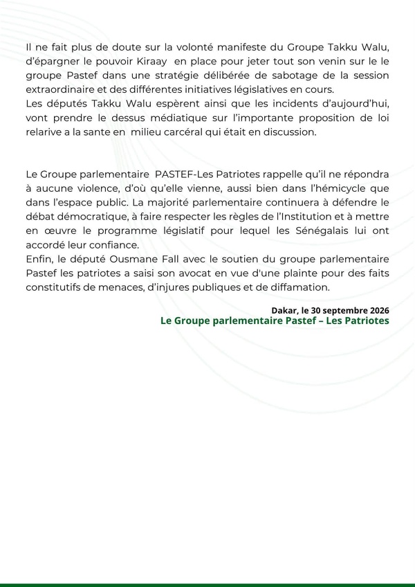 Le Groupe PASTEF-Les Patriotes condamne les provocations lors de la séance plénière du 30 septembre 2026