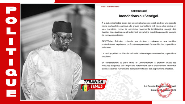 Inondations au Sénégal : Pastef appelle à une mobilisation nationale en faveur des populations sinistrées