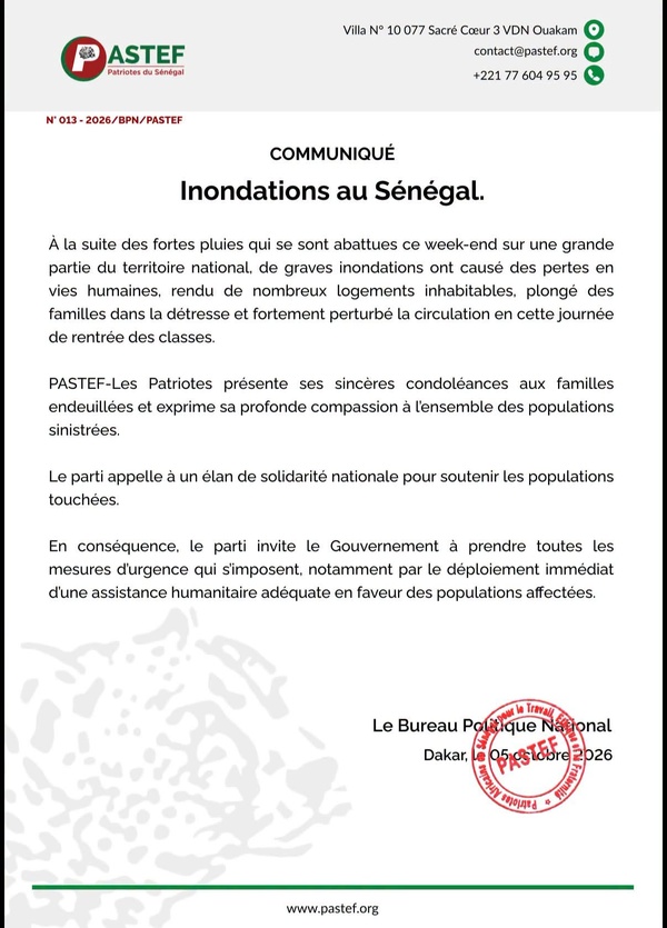 Inondations au Sénégal : Pastef appelle à une mobilisation nationale en faveur des populations sinistrées