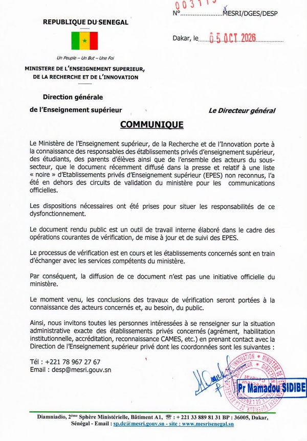 Enseignement supérieur : le MESRI dément le caractère officiel de la liste des établissements privés « non reconnus » Enseignement supérieur : le MESRI dément le caractère officiel de la liste des établissements privés « non reconnus »