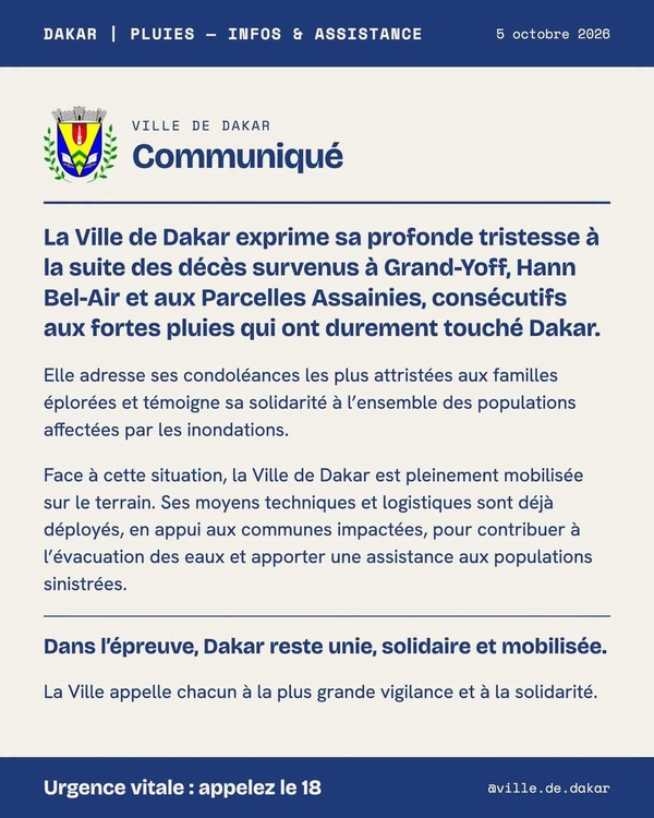 Intempéries à Dakar : plusieurs décès signalés, la Ville mobilise ses moyens d’urgence