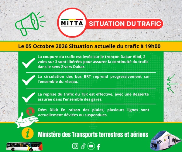 Mobilité urbaine : Reprise progressive du trafic sur les réseaux TER, BRT et autoroutier à Dakar à la suite des intempéries