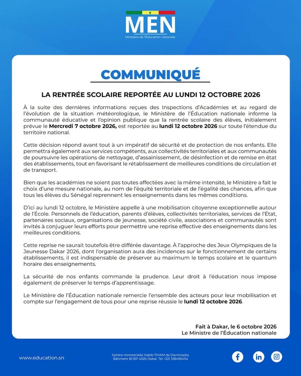 Sénégal : la rentrée scolaire reportée au lundi 12 octobre 2026 (Communiqué) Sénégal : la rentrée scolaire reportée au lundi 12 octobre 2026 (Communiqué)