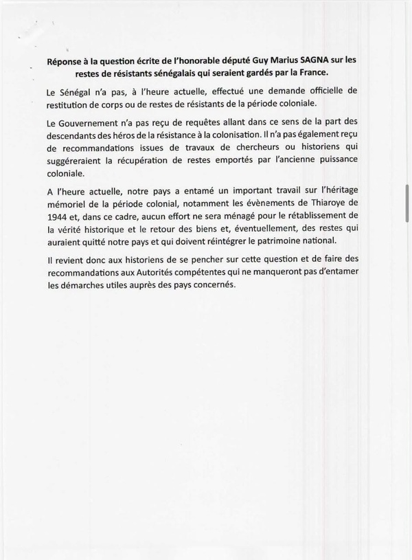Restitution des crânes de résistants sénégalais : le gouvernement reconnaît n’avoir engagé aucune demande officielle auprès de la France Restitution des crânes de résistants sénégalais : le gouvernement reconnaît n’avoir engagé aucune demande officielle auprès de la France