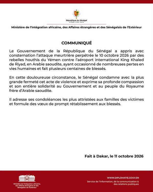 Diplomatie : Le Sénégal condamne l'attaque contre l'aéroport de Riyad et exprime sa solidarité avec l'Arabie saoudite