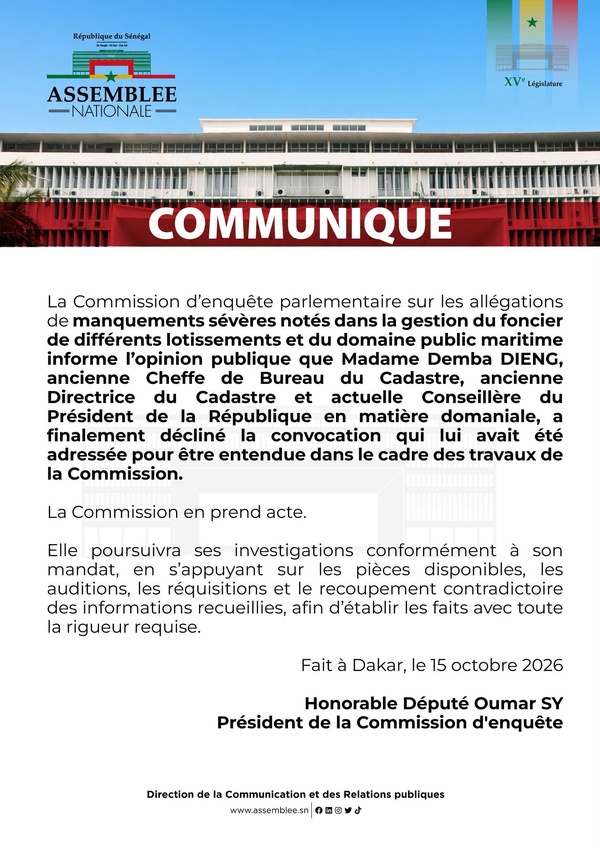 Gestion foncière et domaine public maritime: Madame Demba Dieng décline sa convocation devant la commission d'enquête parlementaire