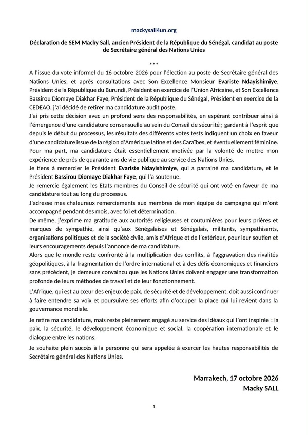 Élection du Secrétaire général de l'ONU: Les raisons du retrait de la candidature de Macky Sall Élection du Secrétaire général de l'ONU: Les raisons du retrait de la candidature de Macky Sall