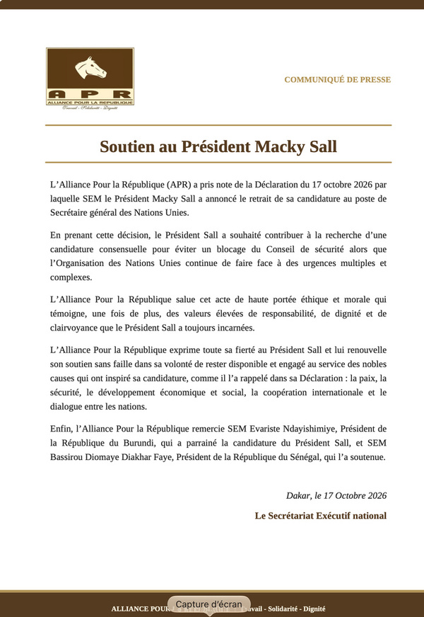 Retrait de la course à l’ONU: L’APR salue un « acte de haute portée éthique » de Macky Sall et remercie Bassirou Diomaye Faye