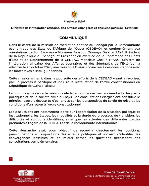 Diplomatie et médiation sous-régionale: Cheikh Niang en mission de concertation de la CEDEAO à Bissau