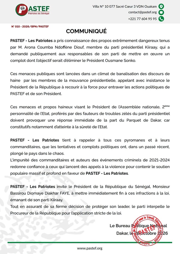 Menaces présumées contre Ousmane Sonko: le PASTEF appelle à une réaction du parquet de Dakar Menaces présumées contre Ousmane Sonko: le PASTEF appelle à une réaction du parquet de Dakar