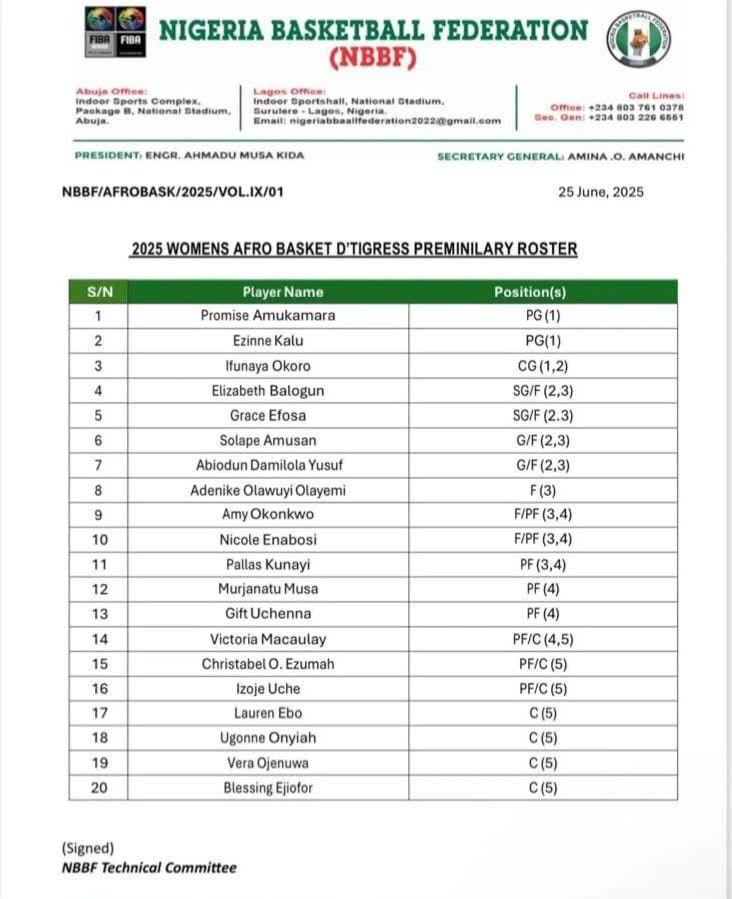 Afrobasket 2025 : la présélection du Nigeria avec de grands noms
