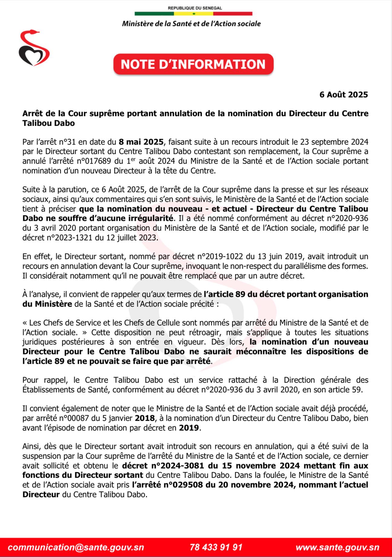 Note d’information : Arrêt de la Cour suprême portant annulation de la nomination du Directeur du Centre Talibou Dabo.